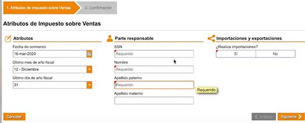 atributos de impuesto sobre ventas registro de comerciante