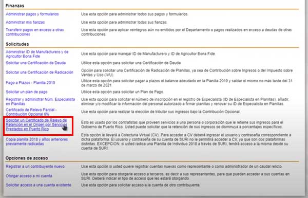 solicitar un certificado de relevo de retencion en el origen por servicios prestados en puerto rico en suri hacienda