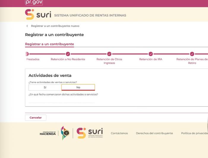 actividades de venta para registrar una cuenta en SURI Hacienda
