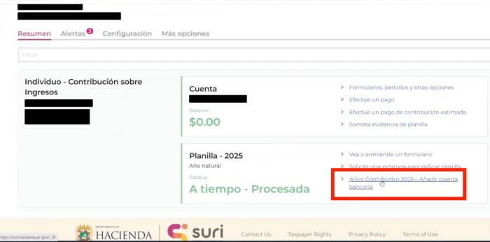 añadir cuenta bancaria en SURI Hacienda para el alivio contributivo