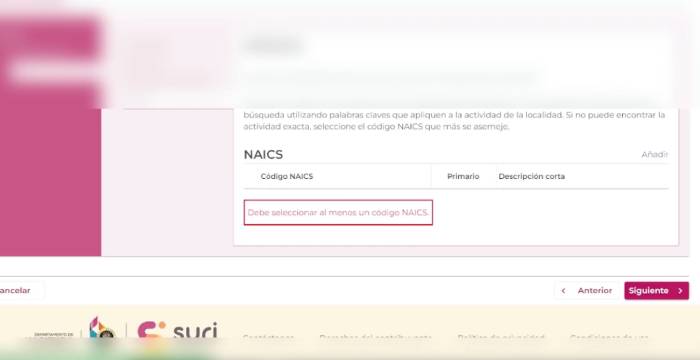 código NAICS para sacar registro de comerciante en SURI