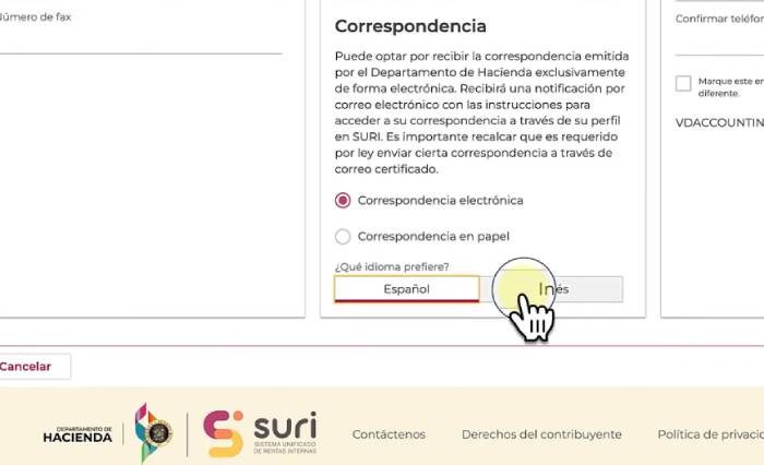 correspondencia para crear una cuenta en SURI Hacienda