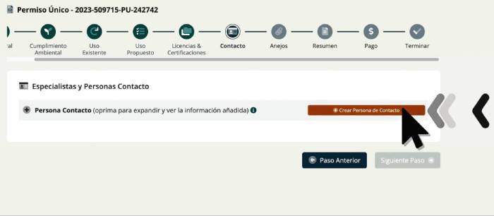 crear persona de contacto para solicitar permiso único en PR