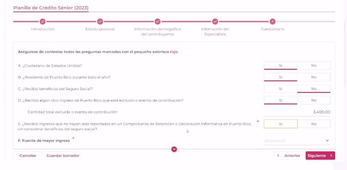 cuestionario planilla crédito senior en SURI Hacienda