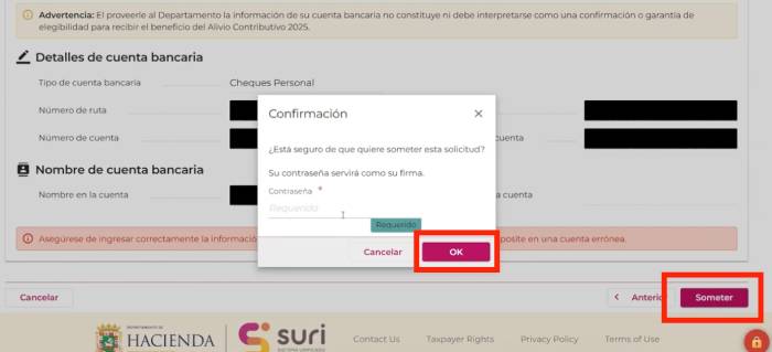 detalles de la cuenta bancaria para registrar cuenta de banco en SURI Hacienda
