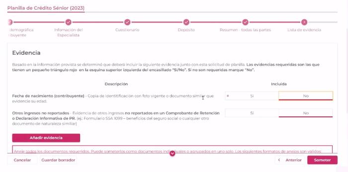 evidencias planilla crédito senior en SURI Hacienda