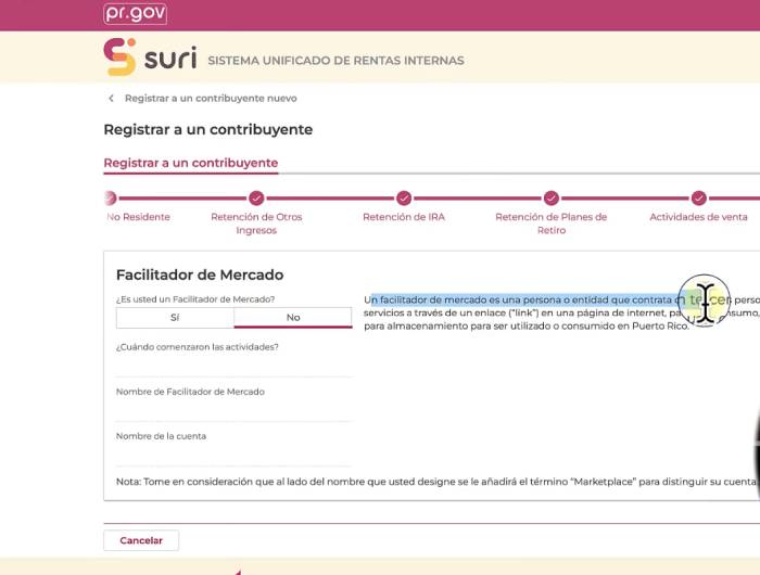 facilitador de mercado para registrar una cuenta en SURI Hacienda