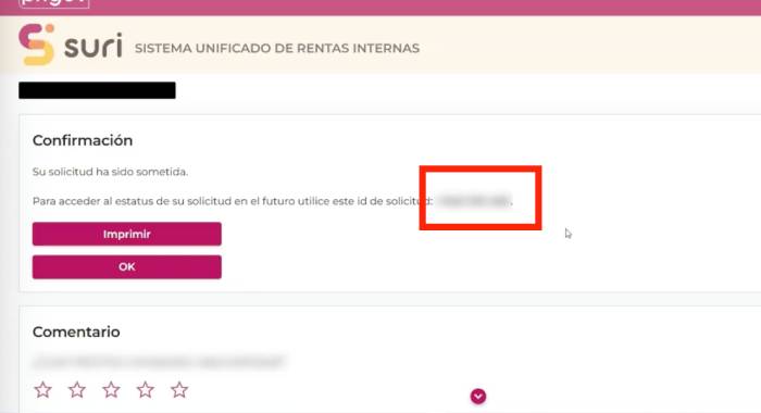 ID de solicitud de registro de cuenta bancaria en SURI Hacienda