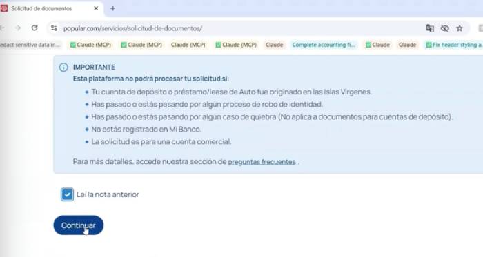 solicitud de certificación de cuenta en Banco Popular para SURI