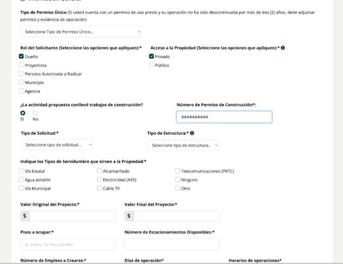 información del tipo de proyecto para solicitar permiso único en PR