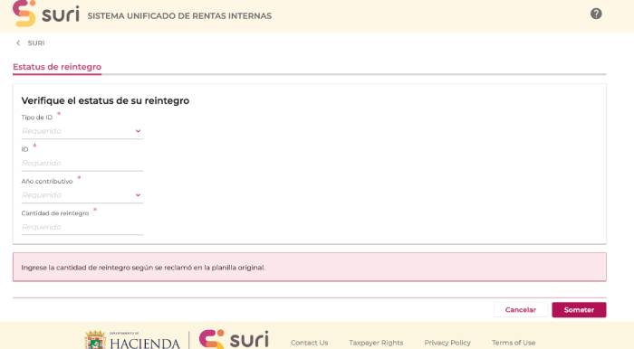 ingresar datos para verificar estatus de reintegro en SURI Hacienda