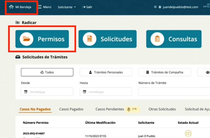 mi bandeja y permisos para solicitar permiso único en PR