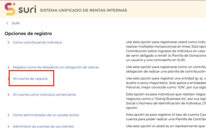 mi cuenta de negocio para registrar una cuenta de SURI Hacienda