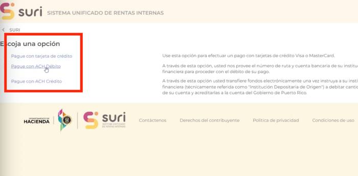 opción de método de pago para efectuar un pago en SURI Hacienda