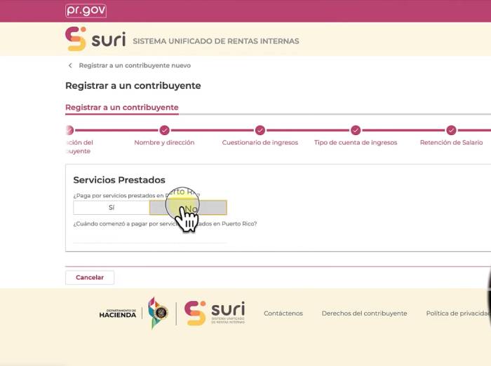 opción servicios prestados para registrar una cuenta en SURI Hacienda