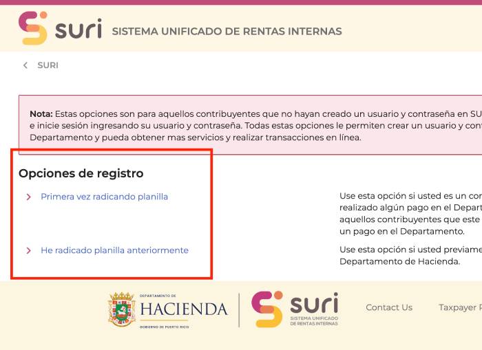 opciones de registro de una cuenta en SURI Hacienda Puerto Rico
