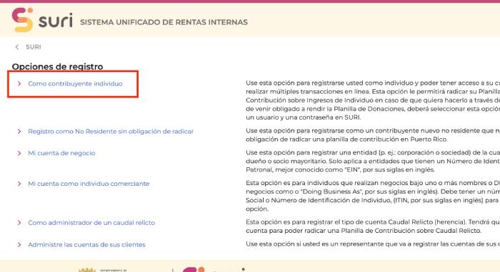 opciones para registrar una cuenta de SURI Hacienda en Puerto Rico