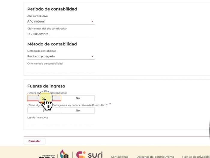 operar como entidad conducto para registrar una cuenta en SURI Hacienda