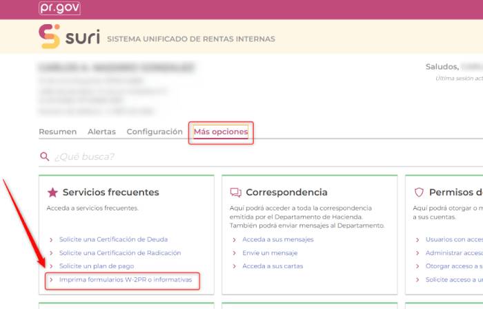 paso 1 para imprimir W2 en SURI: opción imprima formularios W-2PR o informativas