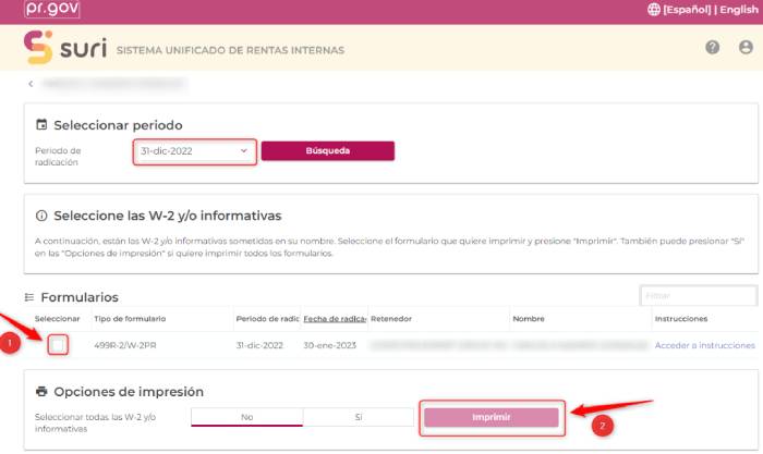 paso 2 para imprimir W2 en SURI: seleccionar período de radicación y formulario