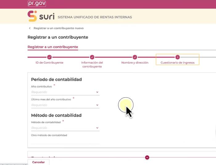 periodo contributivo para registrar una cuenta de SURI Hacienda