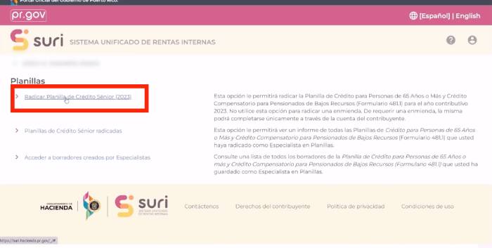 radicar planilla senior del periodo en SURI Hacienda