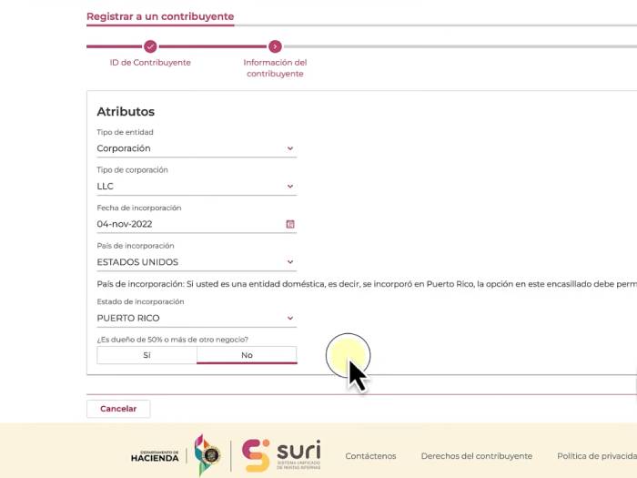 registrar un contribuyente para registrar una cuenta de SURI Hacienda