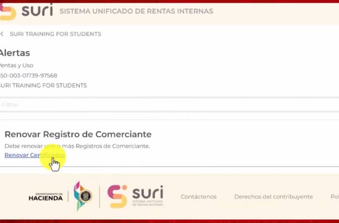 renovar registro de comerciante en alertas en SURI Hacienda