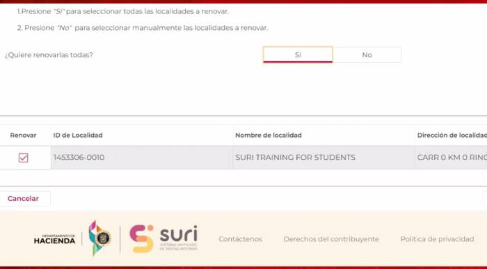 renovar registro de comerciante en SURI por localidad