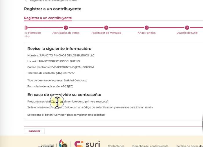 resumen de registro después de haber creado cuenta en SURI Hacienda