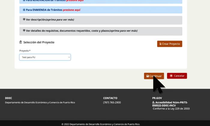 tipo de proyecto para solicitar permiso único en PR