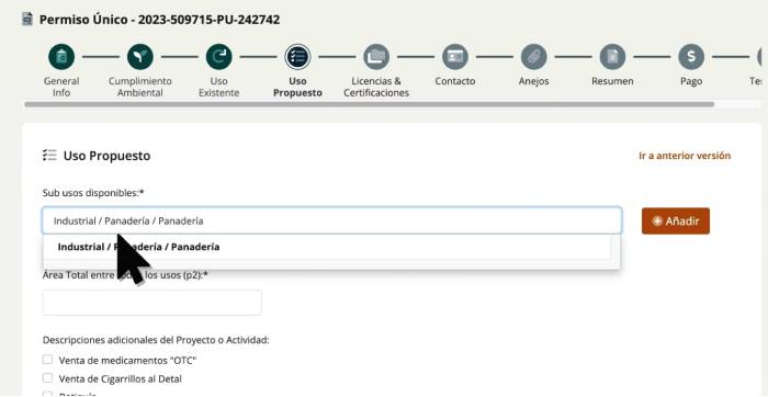 uso propuesto para solicitar permiso único en PR